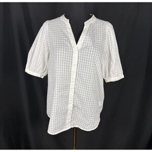 PopSugar White Windowpane 100% Cotton Puff Sleeve Blouse Sz M Coastal Style